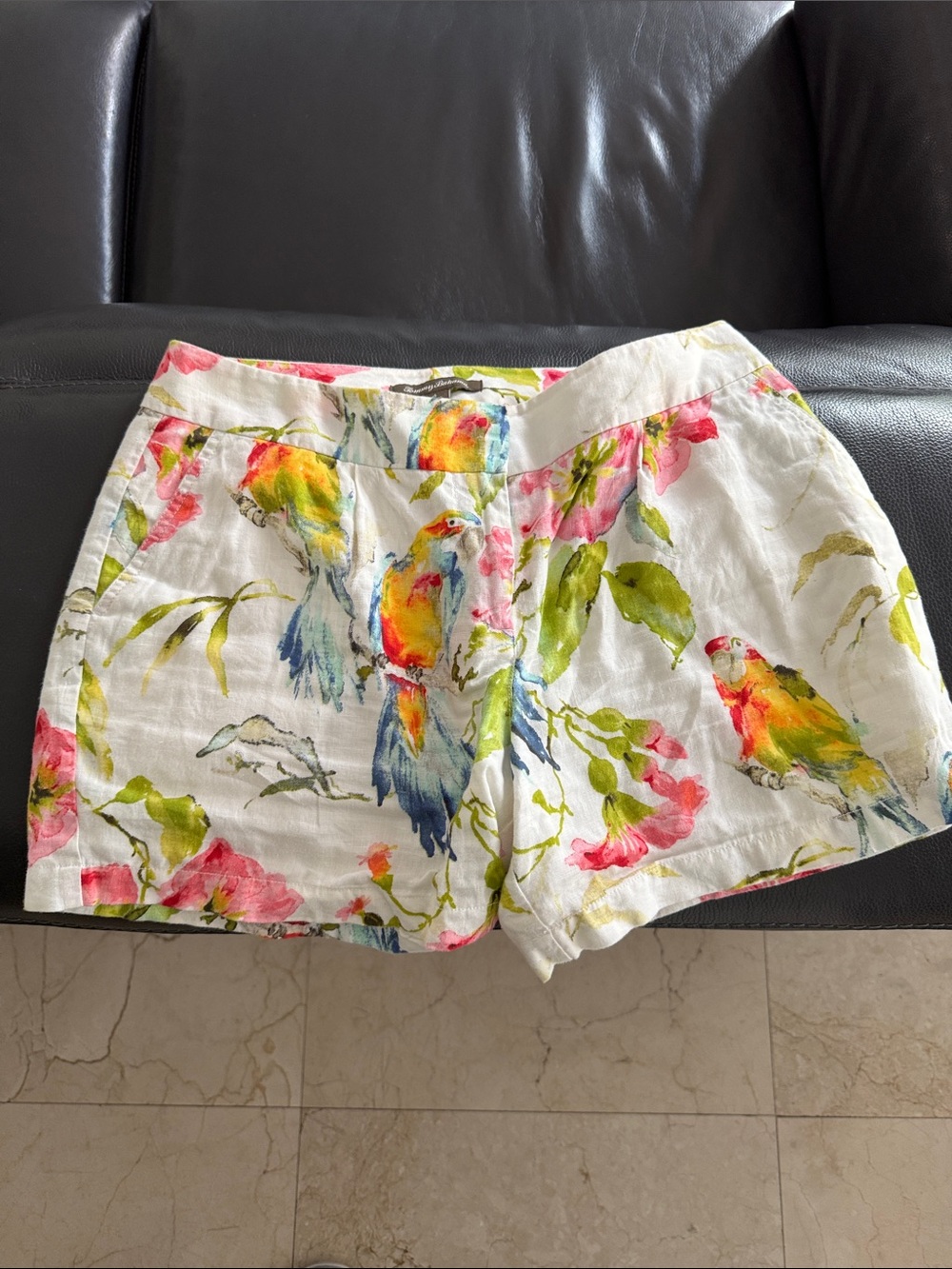 Tommy Bahama White Linen-Blend High Waist Parrot Floral Shorts